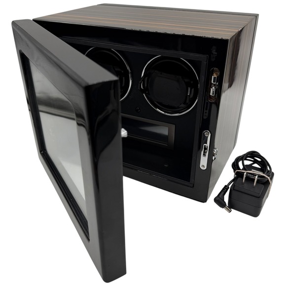 Dual Watch Winder Ebony Wood Grain Finish Black Automatic Watch Box with Adapter